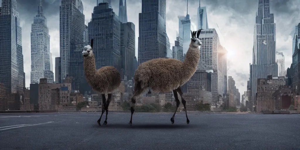 Image similar to a llama walking away towards a desolate manhattan city street at night, statue of liberty seen in the background, realistic 4 k octane beautifully detailed render, 4 k post - processing, highly detailed, detailed face, intricate complexity, epic composition, magical atmosphere, cinematic lighting, masterpiece, color picture, ultra hd