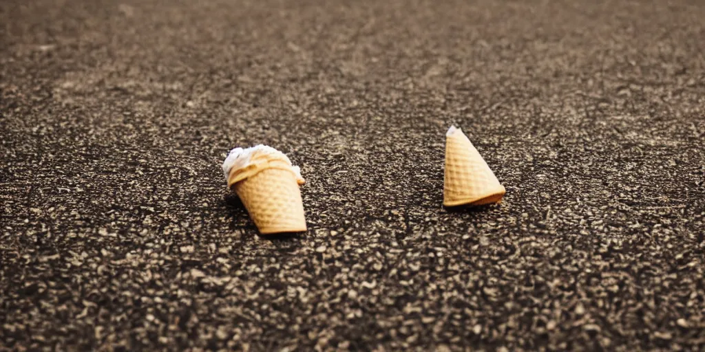 Prompt: Ice cream cone on the floor, sad atmosphere