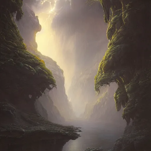 Image similar to a beautiful detailed realistic matte painting of a serene landscape with an eerie dark magic lightning portal to another dimension, by john howe and alexander skold and andreas rocha. vray, raytracing, detailed lighting, volumetric lighting, cinematic lighting, very wide shot, f 8