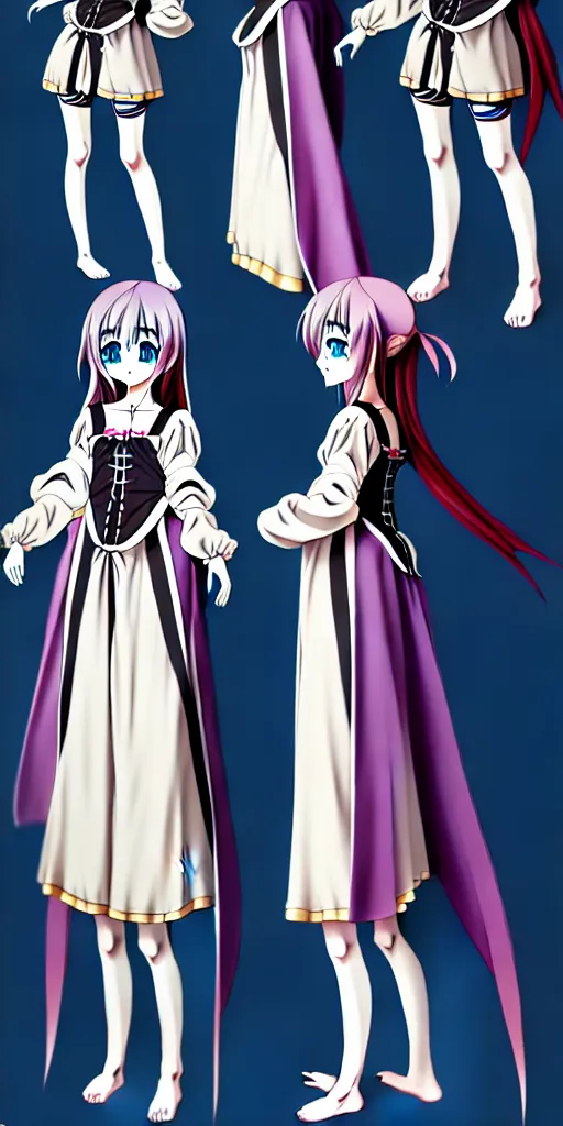 Image similar to A narcoleptic anime girl game character, renaissance style dress, doll-like, character design sheet, detailed eyes, HDR