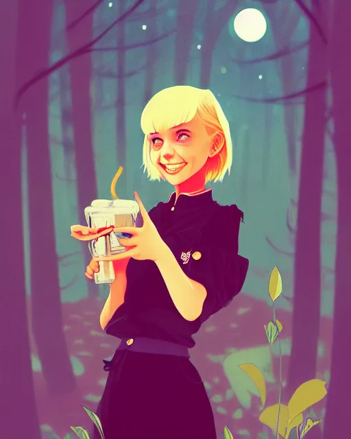 Prompt: digital illustration of pretty girl with short blonde hair hair, from alice in wonderland, smoking, happy eyes, smiling, in a wonderland forest, in junkyard at night, by ilya kuvshinov, lois van baarle, rossdraws, basquiat