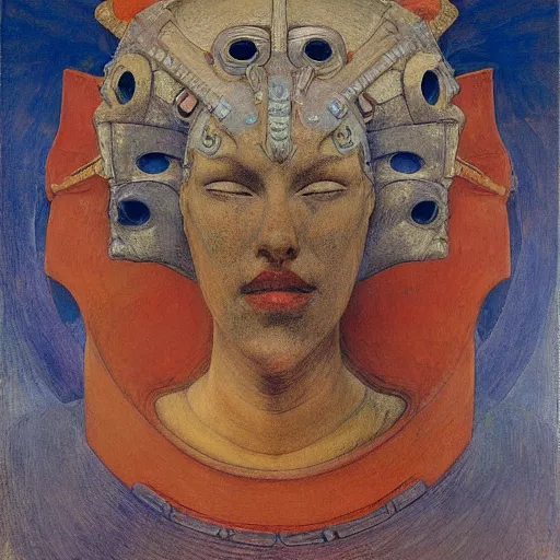 Image similar to the robot queen wearing her bird mask, by annie swynnerton and diego rivera and elihu vedder and lucien freud and jean delville, symbolist, dramatic lighting, elaborate geometric ornament, head and shoulders view, art brut, soft cool colors, smooth, sharp focus, extremely detailed, adolf wolfli, leo and diane dillon, nicholas roerich