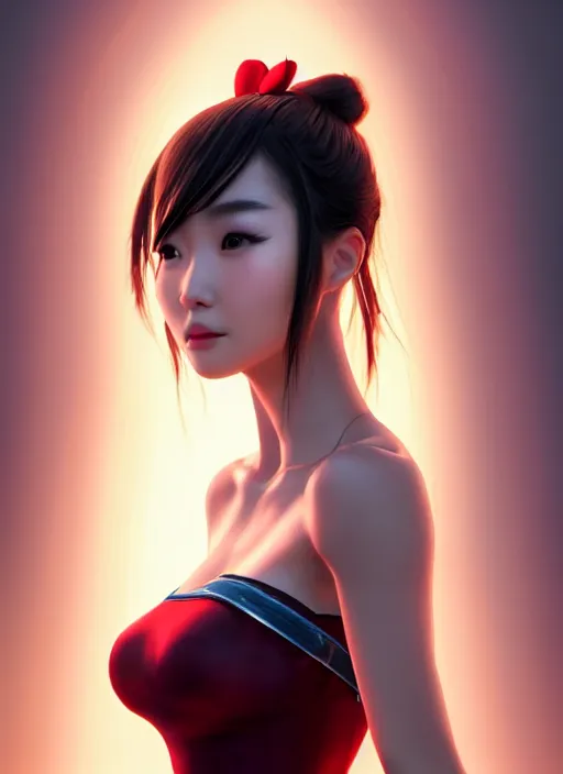 Image similar to beautiful fashion chinese girl in movie scene, strapless dress, character portrait in the style of thomas river and artgerm, wlop, cinematic lighting, hyperdetailed, 8 k realistic, symmetrical, global illumination, radiant light, halo, love and mercy, frostbite 3 engine, cryengine, dof, trending on artstation, digital art, chanel