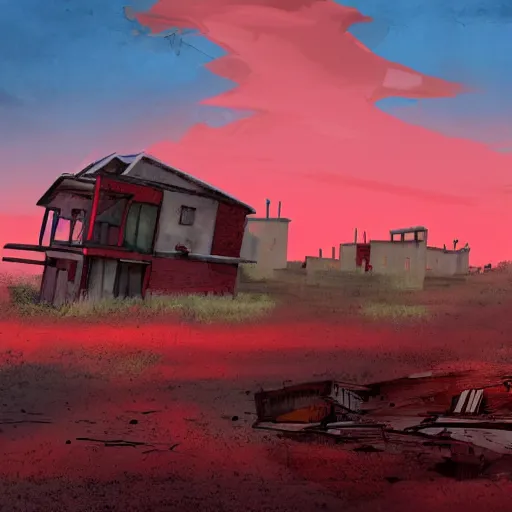 Image similar to photo of abandoned town, red sky, glowing red sun, concept art