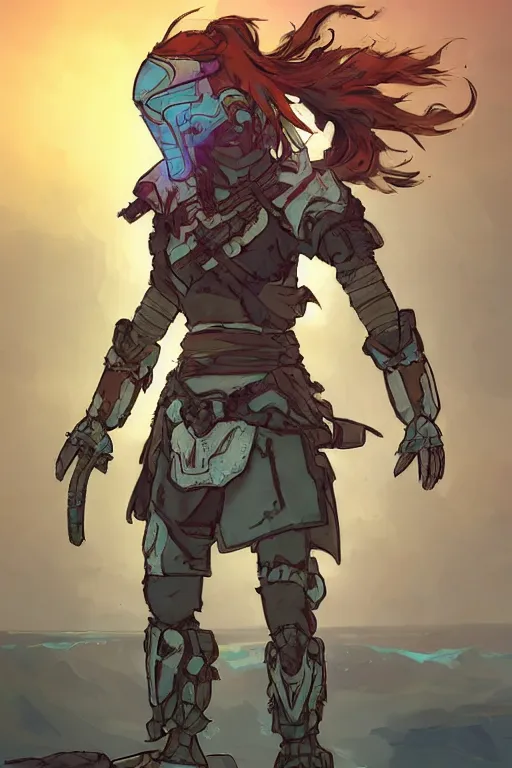 Image similar to combination suit armor aloy horizon forbidden west horizon zero dawn robot ninja mask helmet backpack tribal, art gta 5 comics, official fanart behance hd artstation by jesper ejsing, by rhads, makoto shinkai and lois van baarle, ilya kuvshinov, ossdraws radiating a glowing aura cgi rtx 2 0 2 2