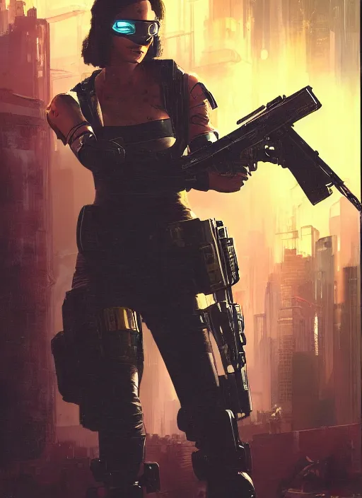 Image similar to Ela. Cyberpunk mercenary in tactical gear infiltrating corporate mainframe. (Cyberpunk 2077), blade runner 2049, (matrix) Concept art by James Gurney, Craig Mullins and Alphonso Mucha. Stylized painting with Vivid color.