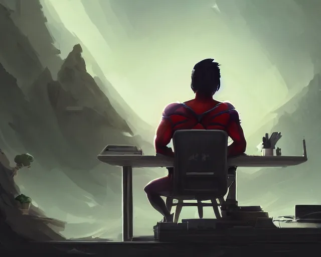 Image similar to an insanely detailed painting of a nerdy asian man wearing a superhero costume, sitting at a desk, staring at the nervously at the computer and typing, in the style of peter mohrbacher, dramatic lighting and composition, surreal background, octane render, pixar, trending on artstation, concept art, comic book, view from behind