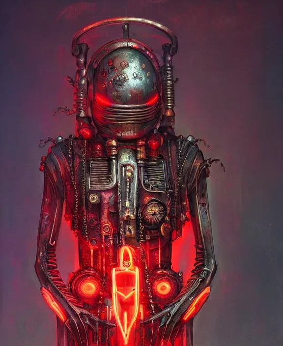 Image similar to steampunk style JoJo stand, red neon lights, evil armour, by HR Giger and Beksiński and Stephan Martiniere , 4k resolution, detailed, trending on artstation