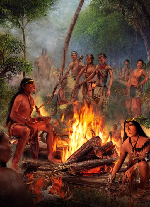 Prompt: a beautiful matte painting of an indigenous tribe around a fire in the jungle,