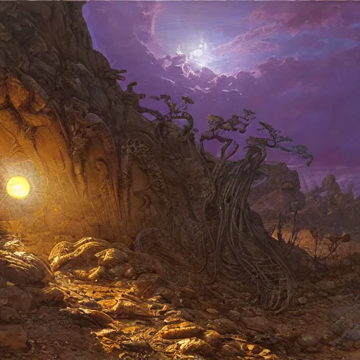 Prompt: painting of hr giger artlilery scifi organic shaped rocky terrain with ornate metal work lands on a farm, fossil ornaments, volumetric lights, purple sun, andreas achenbach