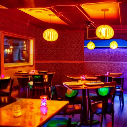 Prompt: photo of retro restaurant, iridescent, mood lighting, 8 k, cinematic