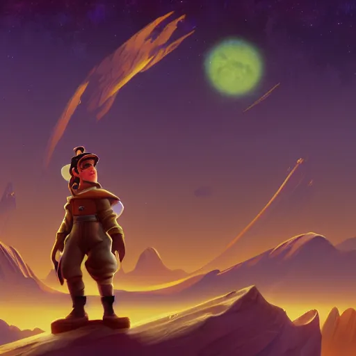 Image similar to stylized explorer character design in 3D in front of a space golden landscape, treasure planet by disney, highly detailed, digital painting, artstation, concept art, illustration, 4k