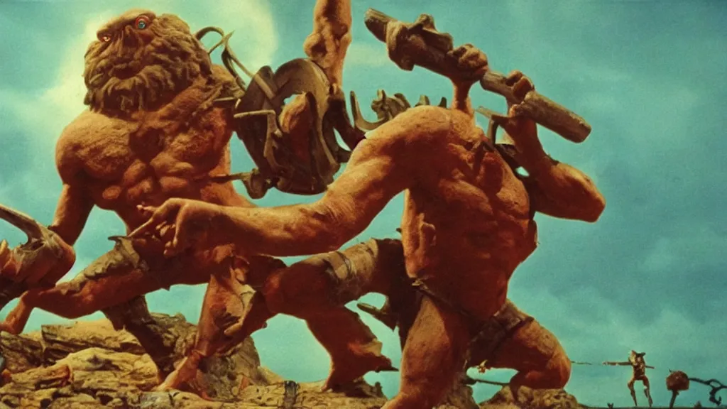 Prompt: still from a stop motion animated movie about a giant cyclops, by ray harryhausen, nineteen seventy five, cinematic lighting, ultra realistic, panavision, wide screen, saturated color, seventies cinema, vintage, sword and sorcery