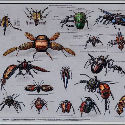 Prompt: detailed color technical schematics of robotic insectoids by da vinci