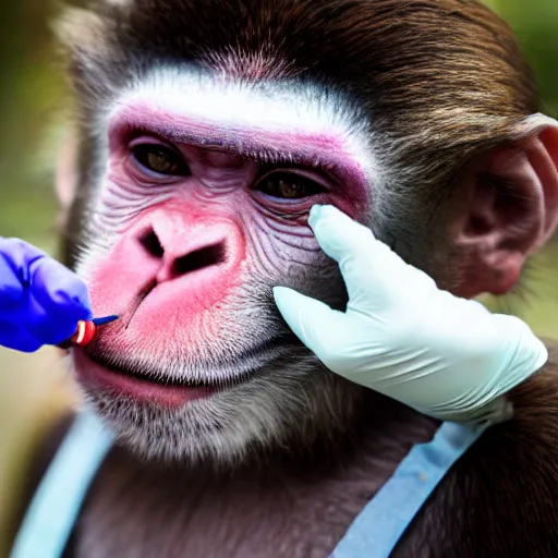 Prompt: a photo of a monkey dentist with clown paint, sidelit