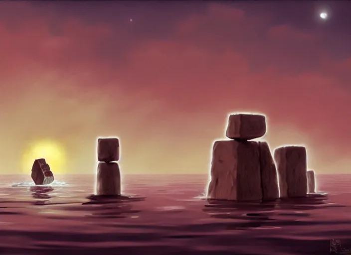 Image similar to a realistic cell - shaded studio ghibli concept art from paprika ( 2 0 0 6 ) of a floating cube from close encounters of the third kind ( 1 9 7 7 ) and a grey caveman meditating on top of a pillar in a flooded stonehenge on a misty starry night. very dull colors, hd, 4 k, hq