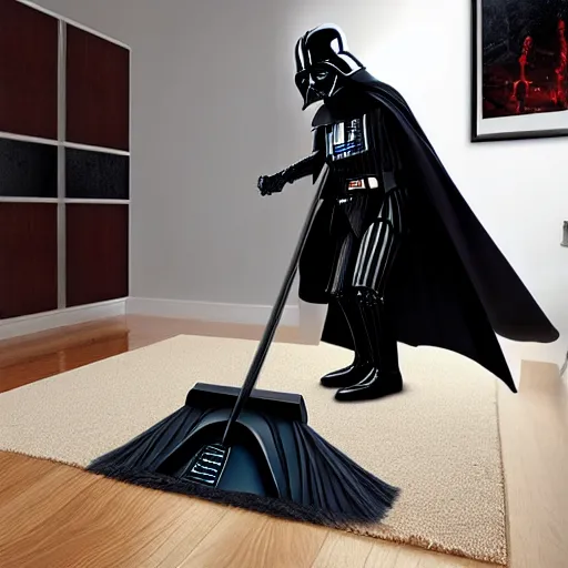 Image similar to Darth Vader mopping the house, photo realistic, award-winning, highly-detailed