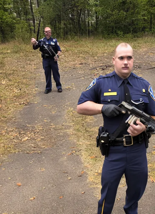 Image similar to Minnesota State Trooper in uniform and rifle in hand, standing victorious over a dead zombie.