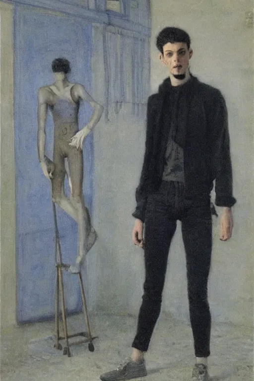 Image similar to a skinny goth guy standing in a cluttered 9 0 s bedroom, full body character concept art, vaporwave colors, jules bastien - lepage art,