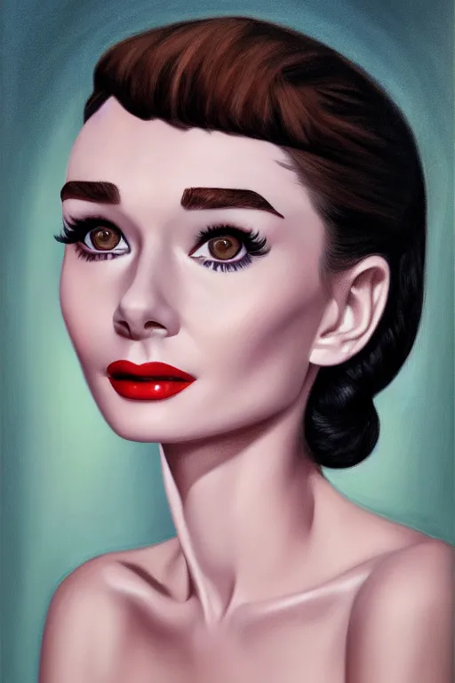 Prompt: a portrait of Audrey Hepburn waif girl gothic, bored, illustration, soft lighting, soft details, painting oil on canvas by margaret keane and artgerm, trending on artstation, 4k, 8k, HD