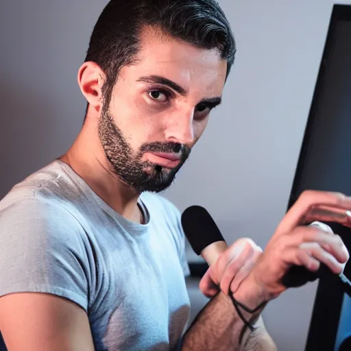 Prompt: handsome Portuguese male twitch streamer looking angrily at his expensive studio mic which isn't working, 4k