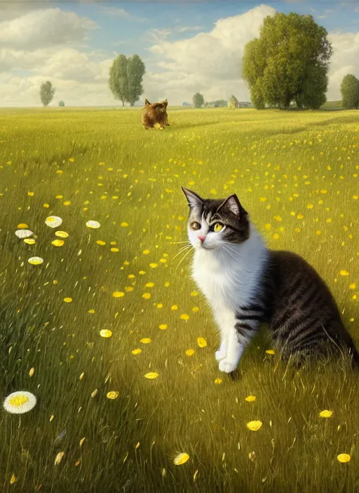 Prompt: the cat in the field from : dandelions, poppy and tulip, chamomile, hyperrealism, no blur, 4 k resolution, ultra detailed, style of ivan shishkin, tyler edlin, tom bagshaw, arthur rackham,