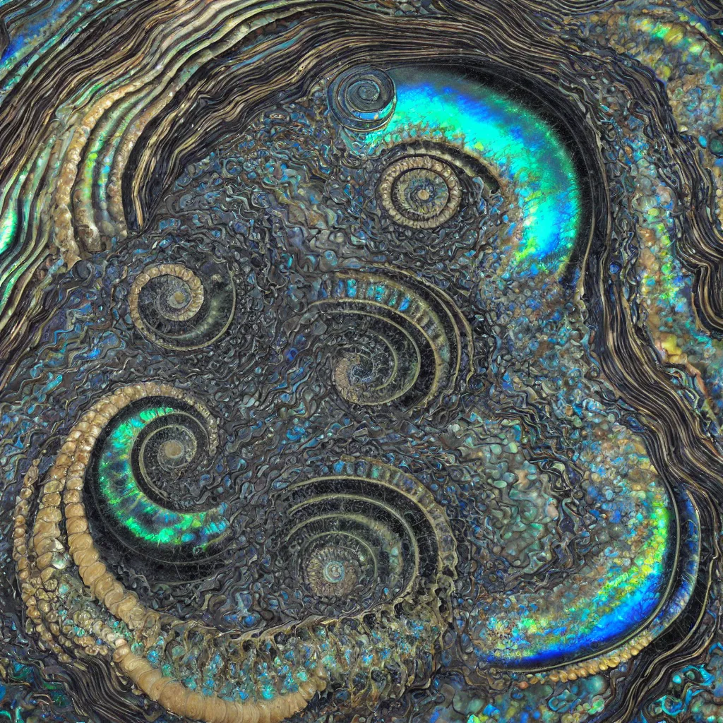 Prompt: art nouveau cresting oil slick waves, ammonite, paua shell, ammolite, black opals, rococo, organic rippling spirals, realistic hyperdetailed ultrasharp octane render