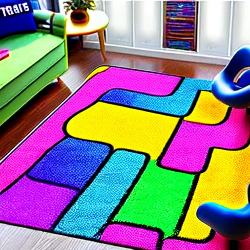 Image similar to a futuristic kids road map carpet rug, designed by lisa frank