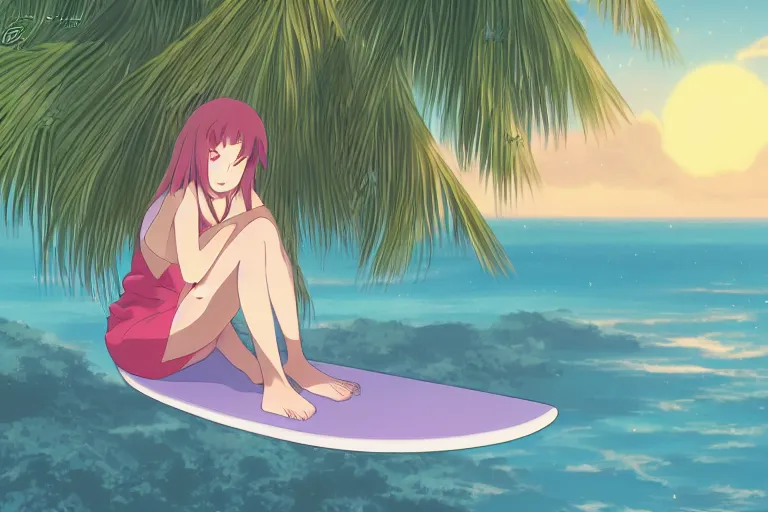 Prompt: anime woman sitting on surf board, tropical island, night time, wide angle, by studio ghibli, yuumei, anime, hazy, foggy, ambient lighting, cottagecore,