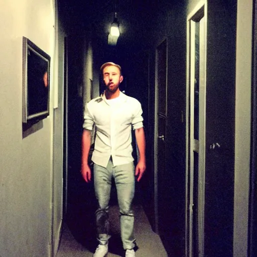 Image similar to !dream Ryan gosling taking a selfie in the backrooms hallway, liminal spaces hallway, realistic selfie photo selfie