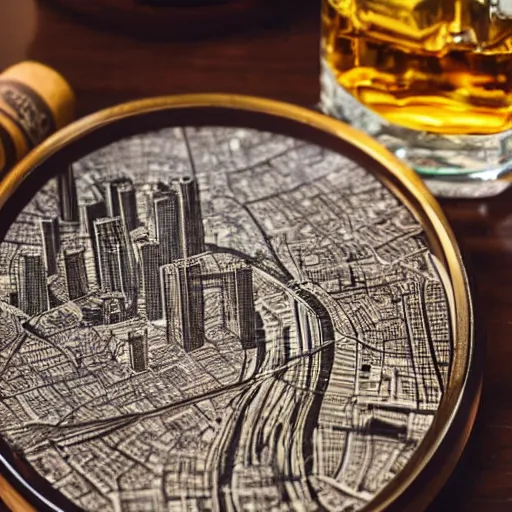 Prompt: depiction of a highly detailed city through a lens placed on a table next to a whiskey glass and cigar