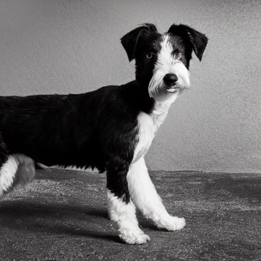 Prompt: black and white fox terrier with extreme muscles, chewing on a car tire, inside a gym, 50mm photography with flash