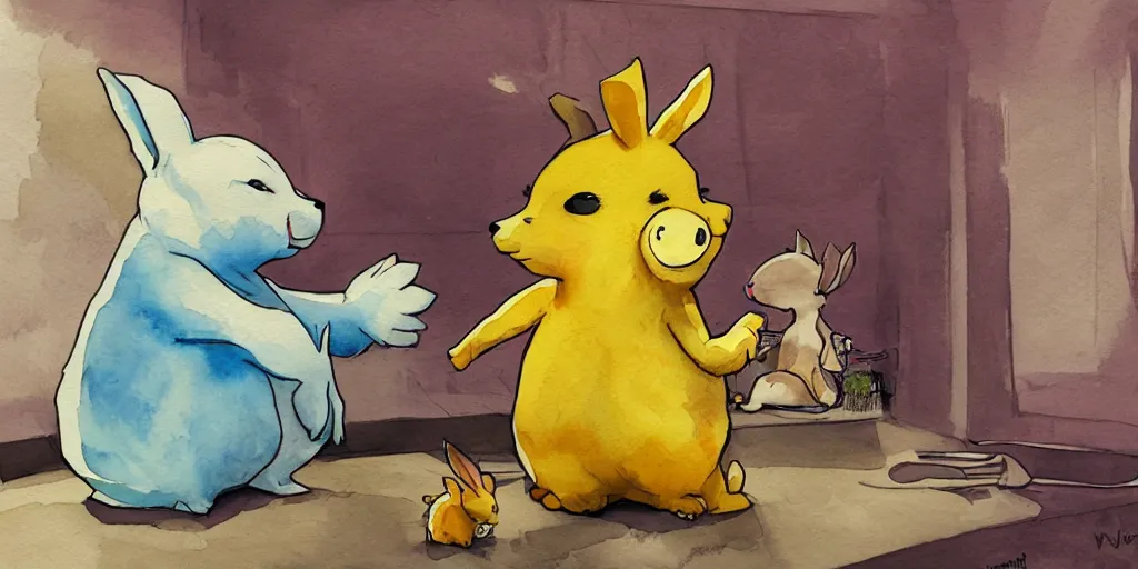 Prompt: drowzee making a new dream for a rabbit, watercolor, movie, concept art, warm lighting, vivid colours, cute