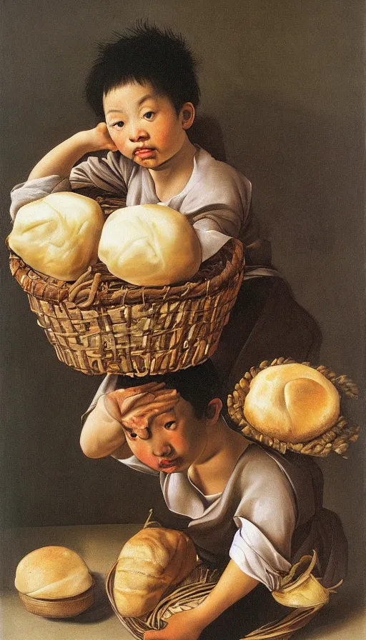 Prompt: hyperrealistic still life painting of a boy with a basket of bao by Caravaggio, botanical print