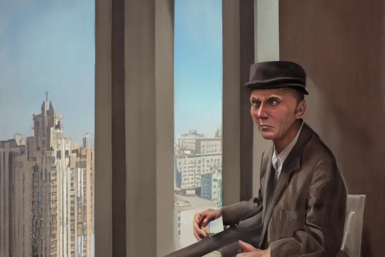 Prompt: Mikhail Bulgakov stands on the balcony of a high-rise building with a cup of coffee in his hands, hyperrealistic art, sunlight, artstation, color painting