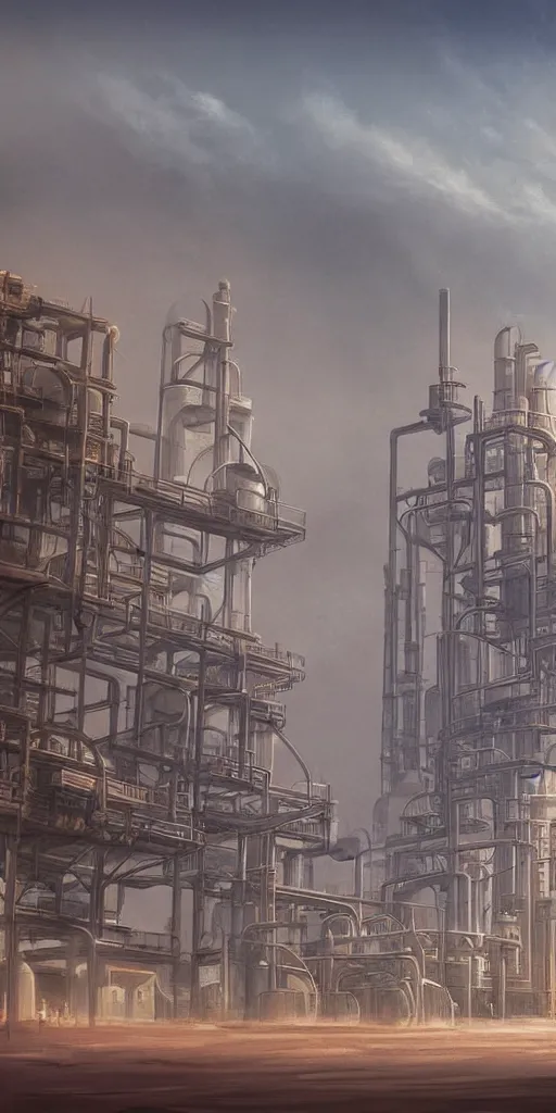 Image similar to large oil factory, dust storm, futuristic, desert, cyberpunk theme, high detail, art station