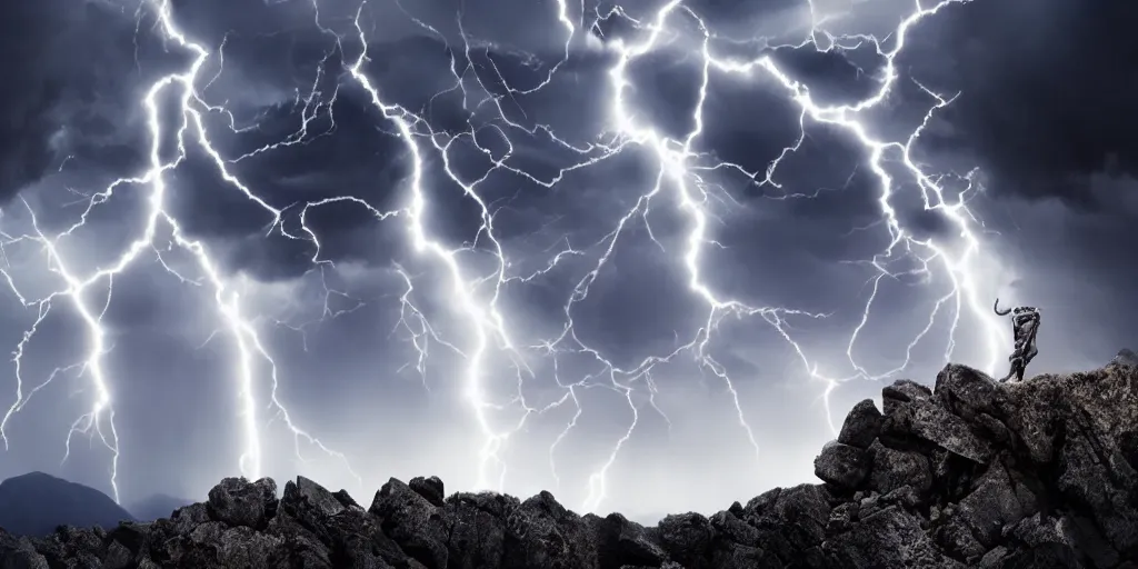 Image similar to god of thunder shooting lightning from his fingertips standing upon a rocky high mountain, surrounded by thunderclouds and lightning, dark, bright lighning, very detailed, 4 k