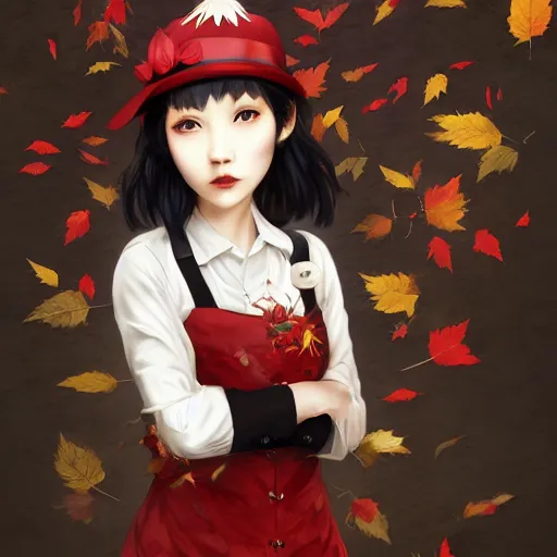 Prompt: portrait of female crow tengu journalist aya shameimaru with short black hair topped with tiny red tokin hat, has black wings, wearing a white shirt and a black and autumn leaf patterned skirt, 4 k digital illustration by artgerm, wlop, ross tran, riabovitchev, simonetti, yoshitaka amano, artstation