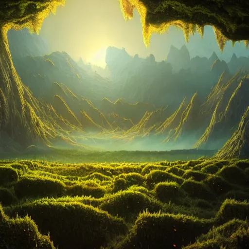 Prompt: A beautiful hyper realistic detailed matte painting of a microscopic world of algae with ridges similar to mountains with billions of glowing micro trees emitting a read and teal color by John Howe and Albert Bierstadt and Alena Aenami and dan mumford and dave noton, unreal engine, trending on behance