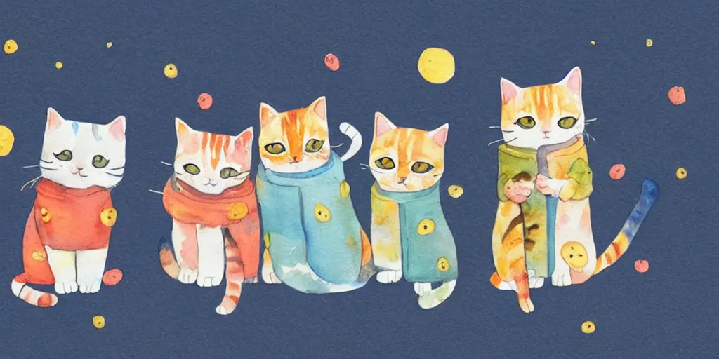 Prompt: watercolor illustration style, cute! cats!!! in jackets grow up like specialist and became professionals, business, inspiring art