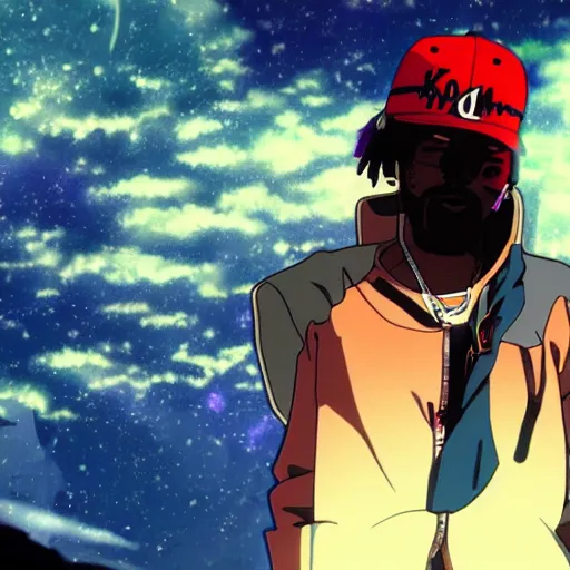 Image similar to anime still of kid cudi