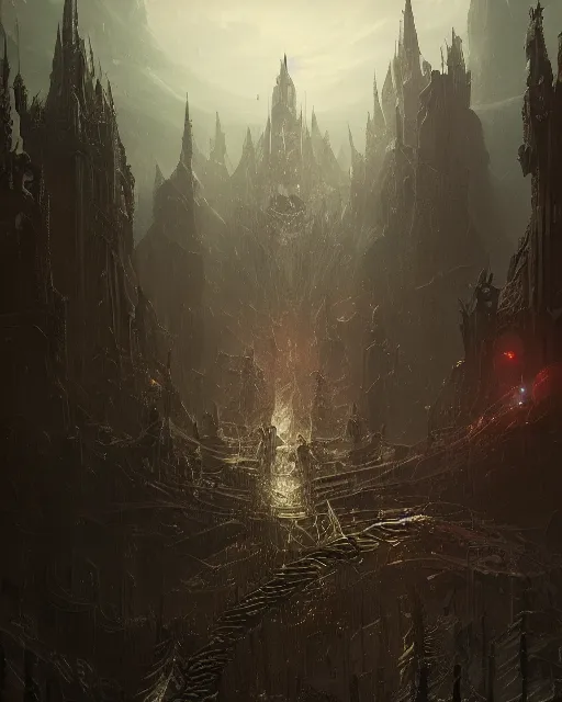 Image similar to the realm of chains, darker, environment art, fantasy art, landscape art, in the style of greg rutkowski, illustration, epic, fantasy, intricate, hyper detailed, artstation, concept art, smooth, sharp focus, ray tracing