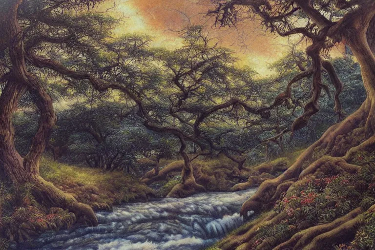 Image similar to masterpiece painting of oak trees on a hillside overlooking a creek, dramatic lighting, by chie yoshii