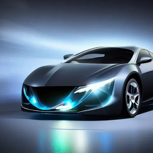 Image similar to a car that shines like Opal gemstone in a dark background. professional digital matte painting.