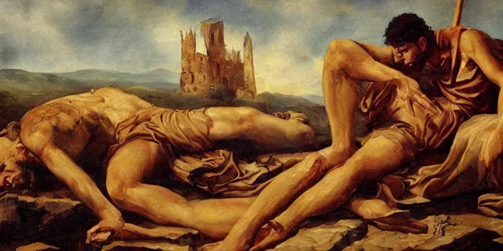 Image similar to high quality high detail painting, david next to giant goliath dead body on the floor