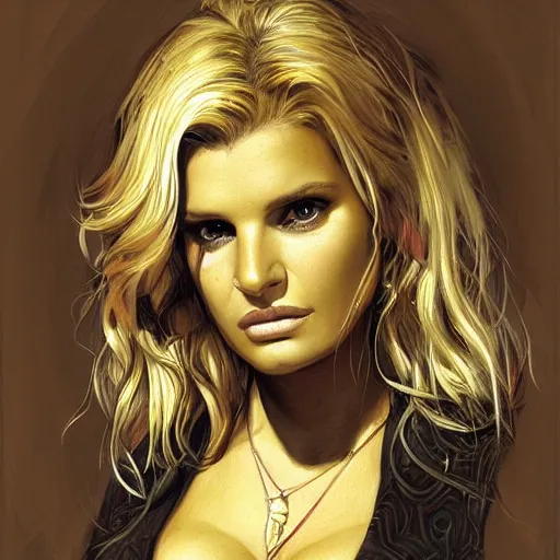 Image similar to jessica simpson as a detective, portrait face and bust in view, cute and adorable, pretty, aesthetic haunted house, portrait, matte detailed photo, DeviantArt, Artstation, by donato giancola, ralph horley, loish, cinematic lighting