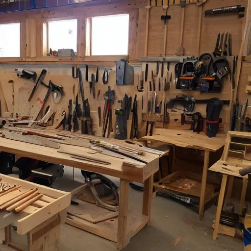 Image similar to A wood workers workshop with a lot of tools