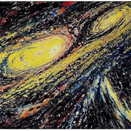 Image similar to colliding galaxies, intricate detail, jackson pollock