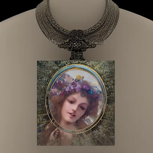 Prompt: hyperrealistic detailed seraphim with cinematic sharp focus 8 k in style of alfons mucha as a necklace