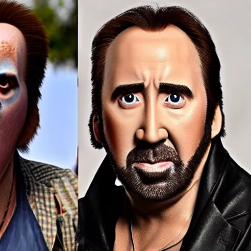 Prompt: Nicolas Cage wearing prosthetic makeup for a live action winnie the pooh movie